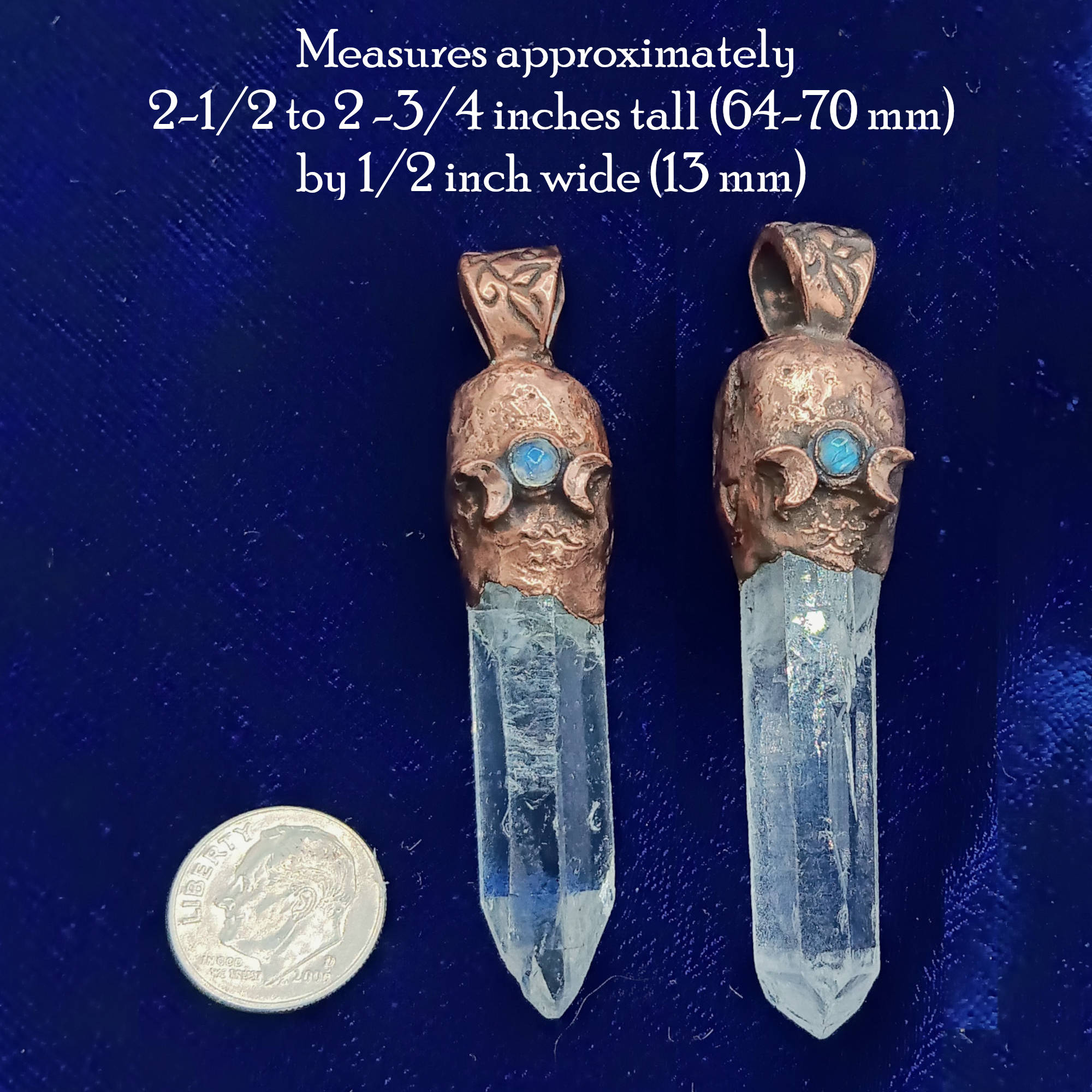 Clear Quartz Copper Pendant – Triple Moon Rune Amulet, Handmade Crystal Jewelry