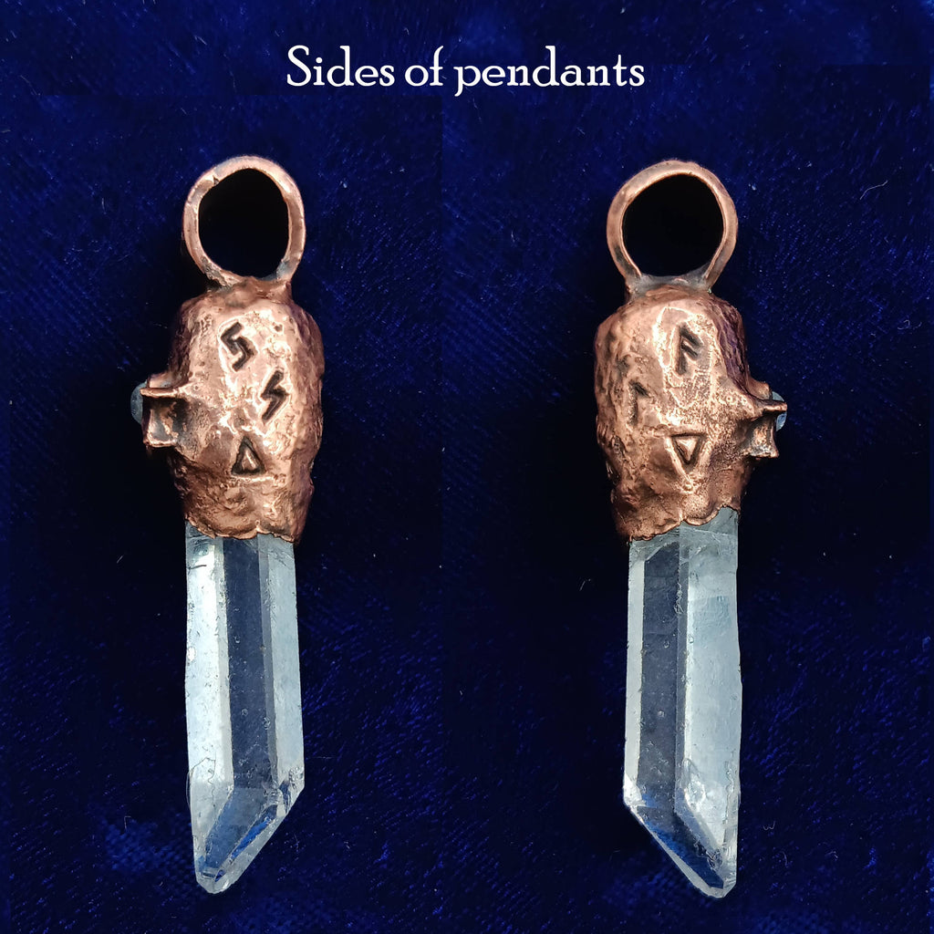 Clear Quartz Copper Pendant – Triple Moon Rune Amulet, Handmade Crystal Jewelry