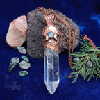 Clear Quartz Copper Pendant – Triple Moon Rune Amulet, Handmade Crystal Jewelry