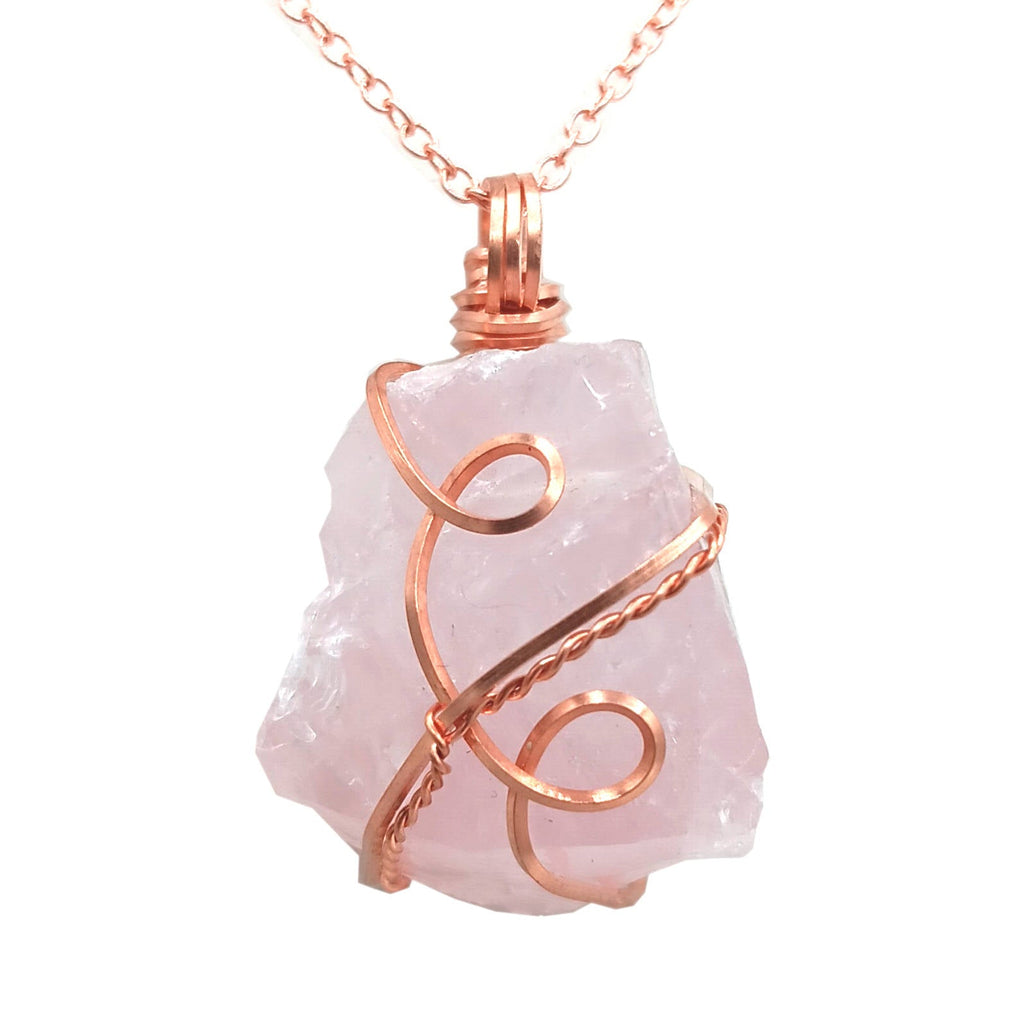Chunky Raw Rose Quartz Copper Wire-Wrapped Pendant – Handmade Healing Crystal Necklace for Love & Heart Chakra