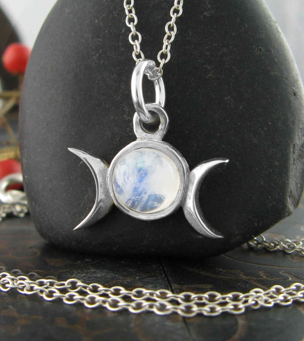 Triple Moon Charm Pendant w/ Gemstone, Handmade - 925 Sterling Silver