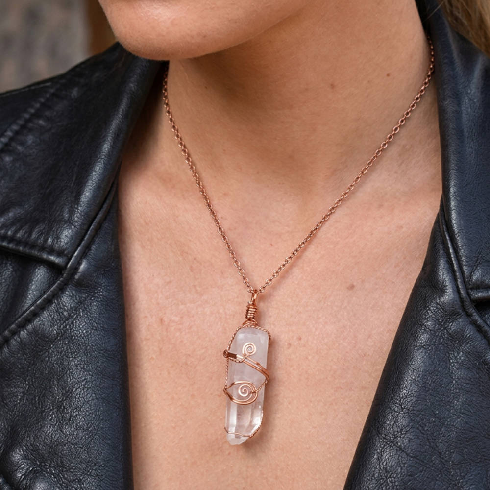 Raw Quartz Crystal Point Pendant – Copper Wire Wrapped Necklace, Handmade