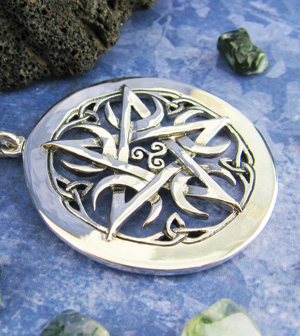 Large 1.5" Five Crescent Moons Celtic Pentacle Pendant, Engravable, Handmade