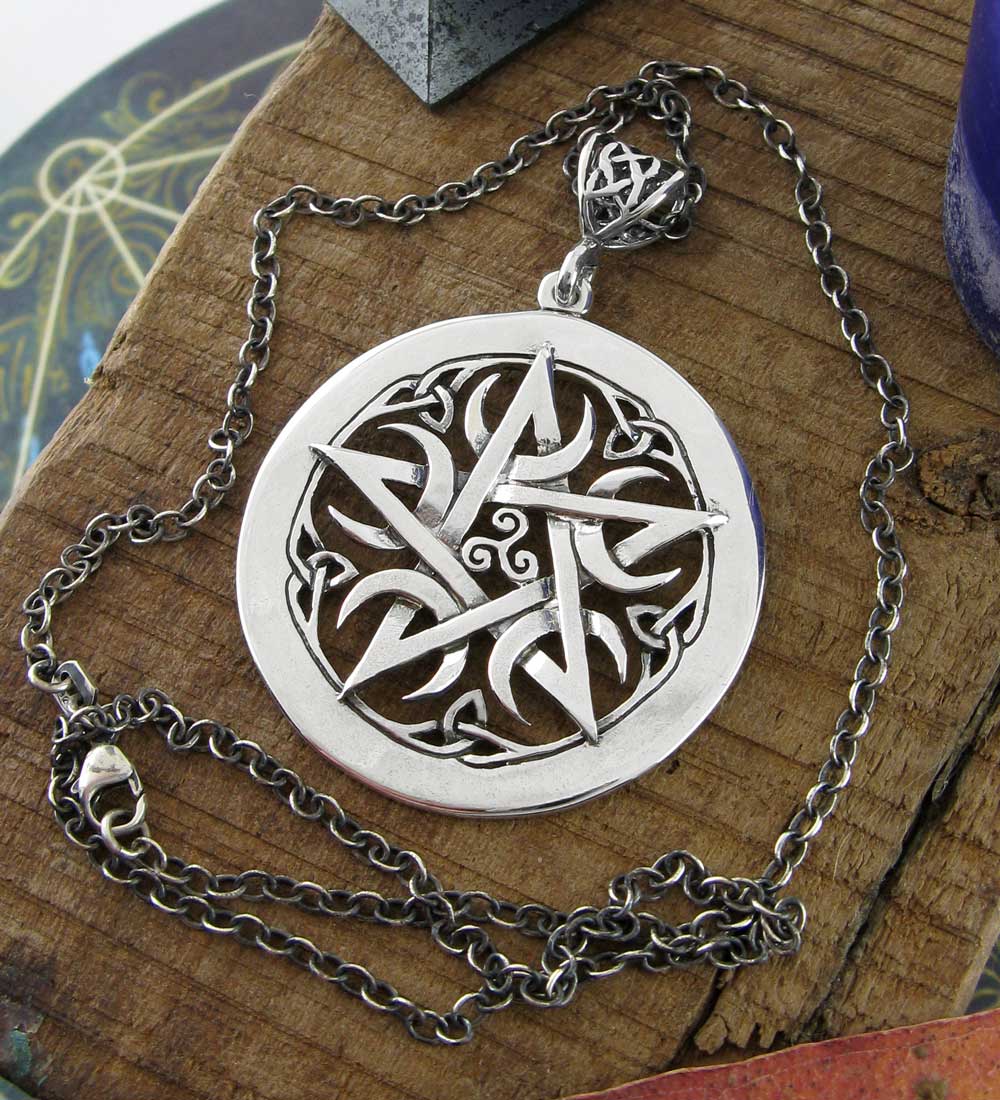 Large 1.5" Five Crescent Moons Celtic Pentacle Pendant, Engravable, Handmade
