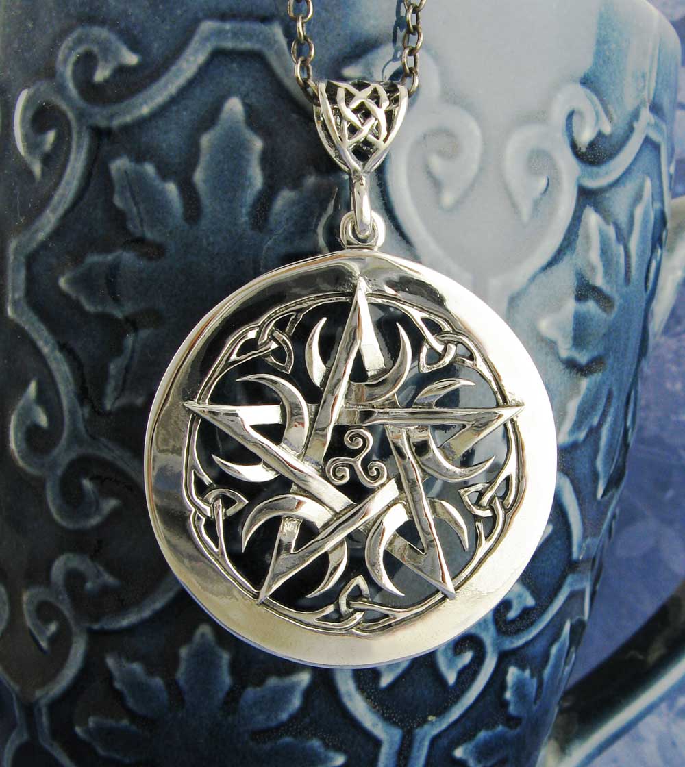 Large 1.5" Five Crescent Moons Celtic Pentacle Pendant, Engravable, Handmade