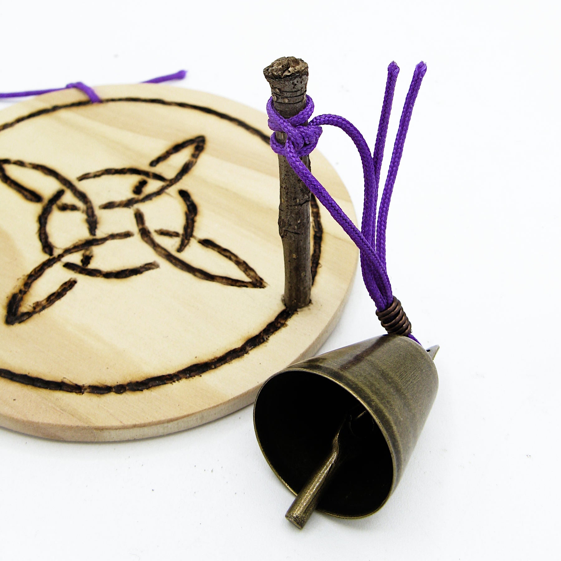 Wood-burned Witch's Knot with Twig and Bell - Handcrafted