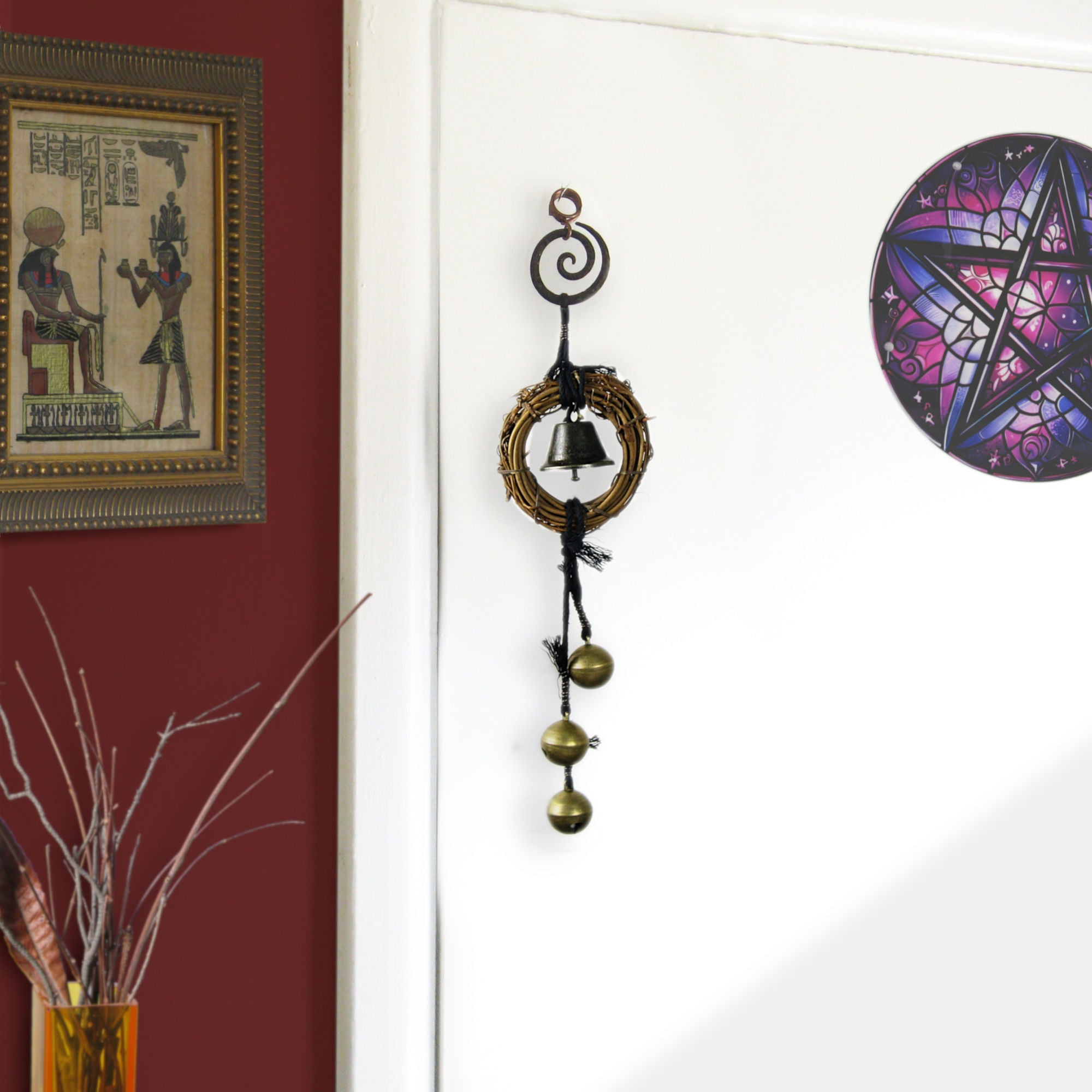 Witch's Bell: Small Wreath, Spiral, 3 Sleigh Bells - Handcrafted