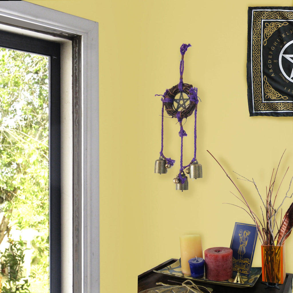 Witch's Bell: Wreath, Black Pentacle, Purple Twine - Handcrafted