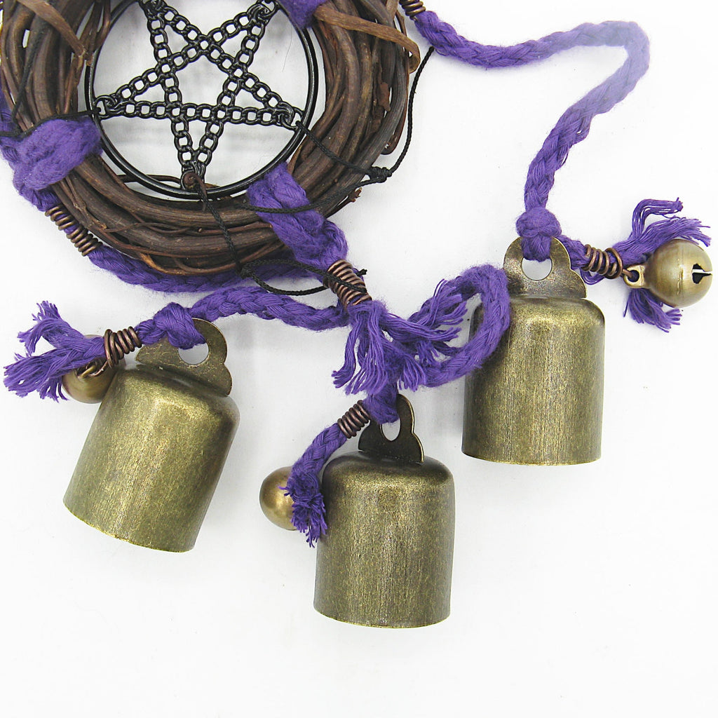 Witch's Bell: Wreath, Black Pentacle, Purple Twine - Handcrafted