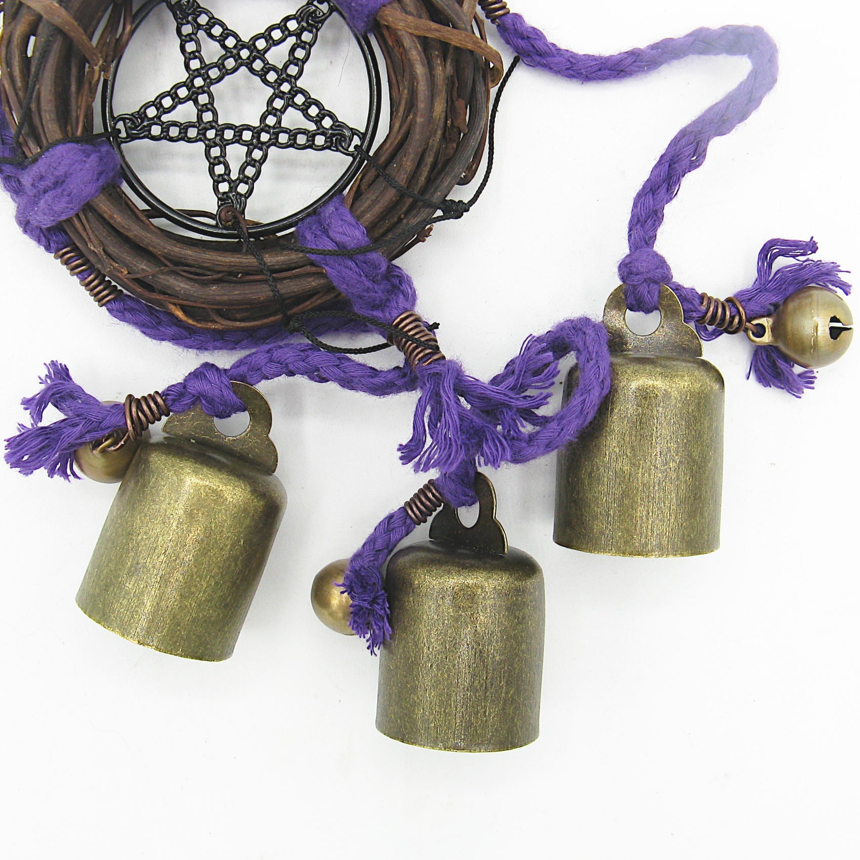 Witch's Bell: Wreath, Black Pentacle, Purple Twine - Handcrafted
