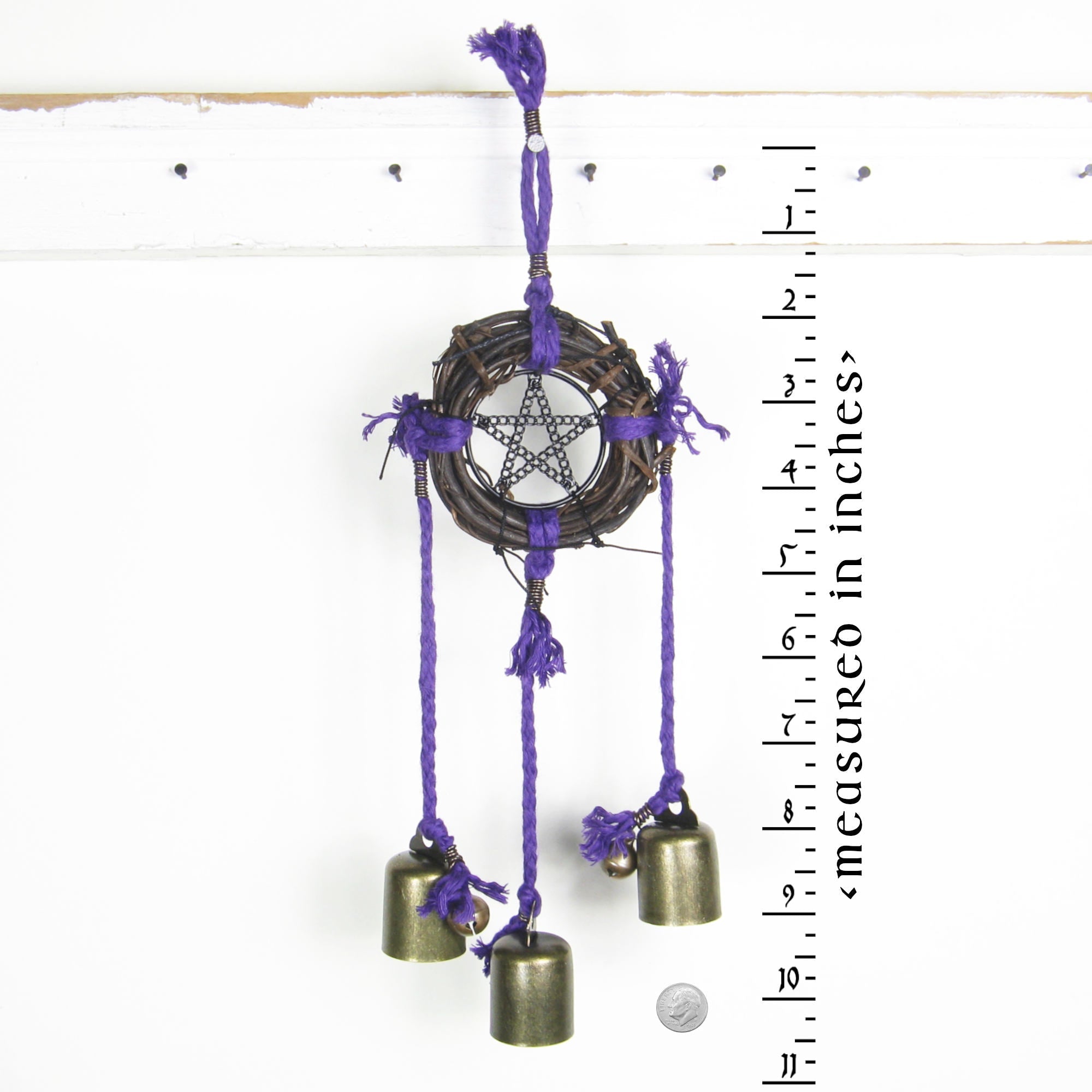 Witch's Bell: Wreath, Black Pentacle, Purple Twine - Handcrafted