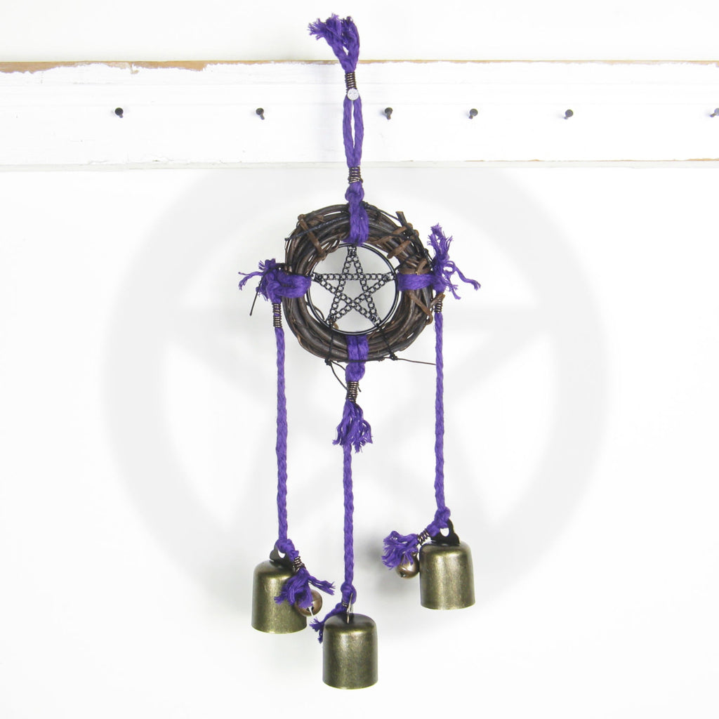 Witch's Bell: Wreath, Black Pentacle, Purple Twine - Handcrafted