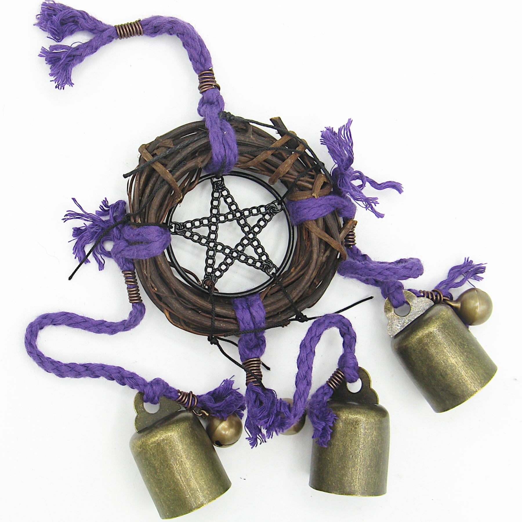 Witch's Bell: Wreath, Black Pentacle, Purple Twine - Handcrafted
