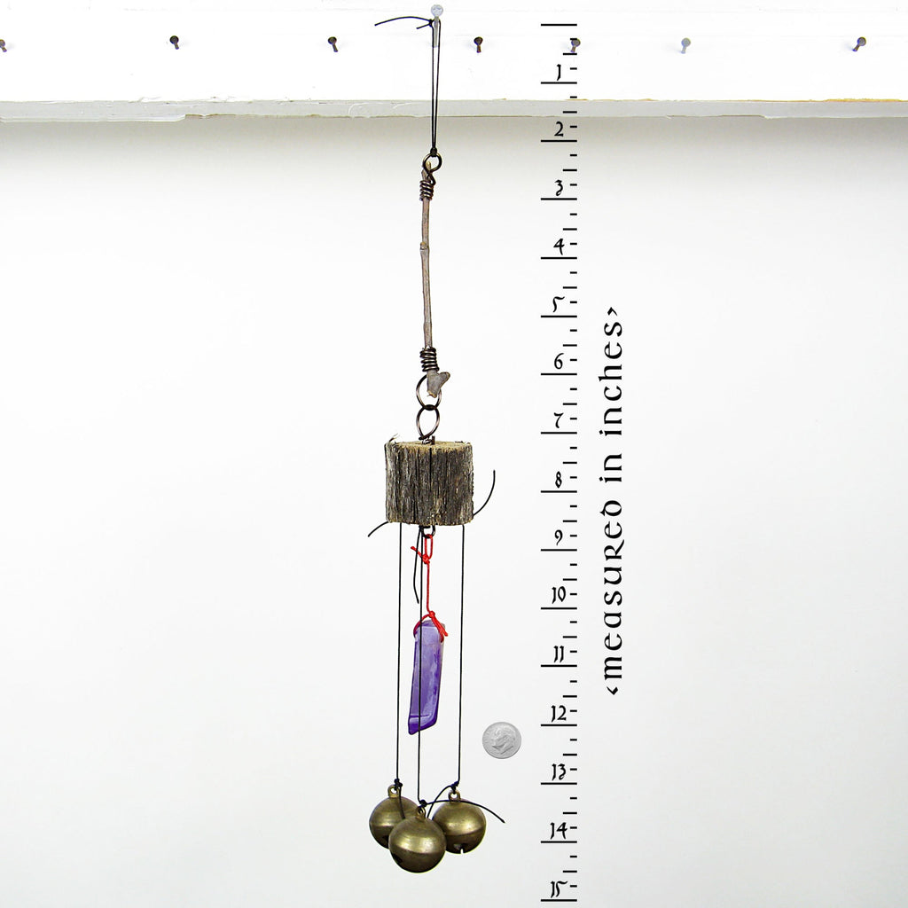 3 Sleigh Bells with Polished Amethyst and Branch Twigs - Handcrafted