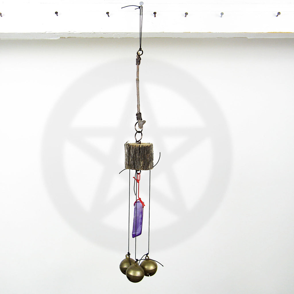 3 Sleigh Bells with Polished Amethyst and Branch Twigs - Handcrafted