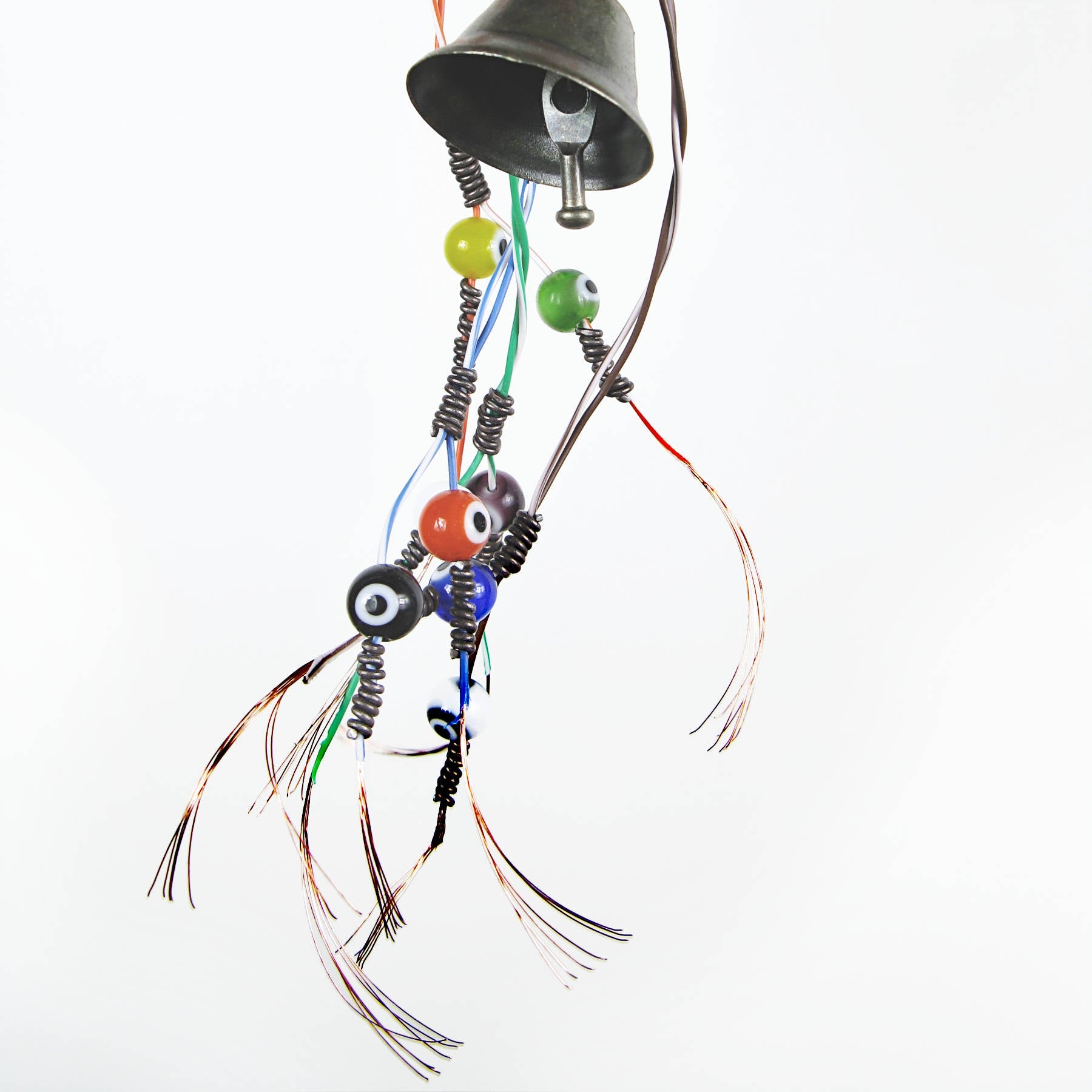 Witch's Bell w/ Upcycled Multi-color Telephone Wire & Evil Eye Beads - Handcrafted