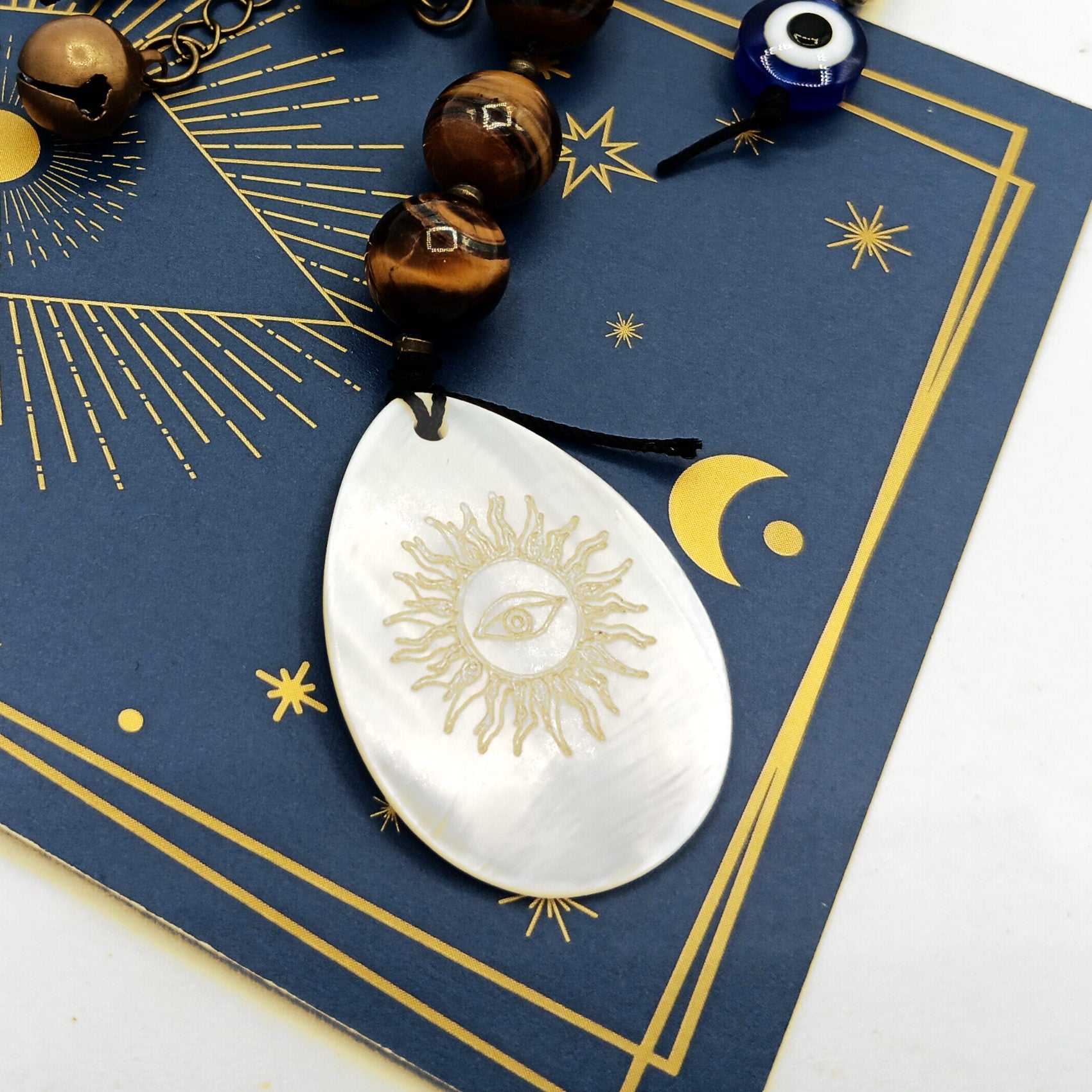Evil Eye Talisman With Tiger Eye Beads & Shell - Handcrafted