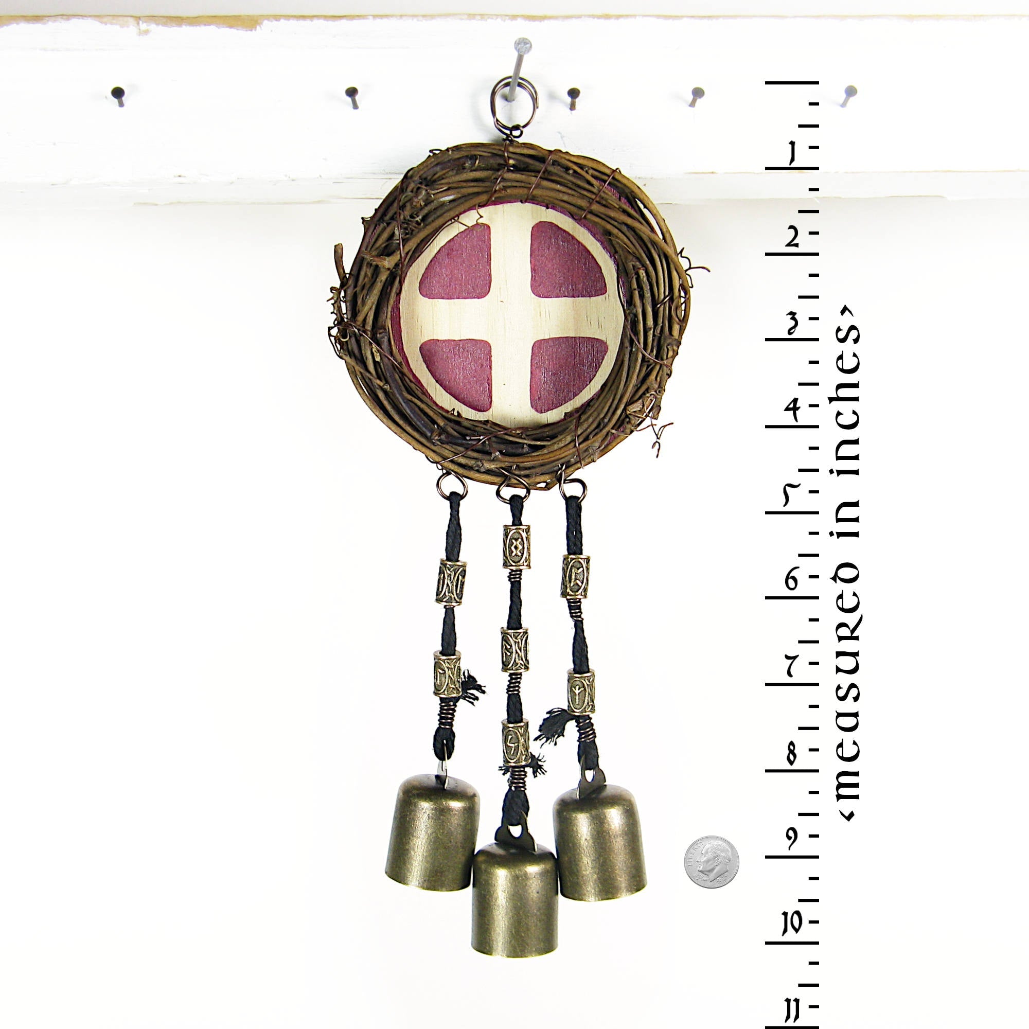Witch's Bell with Wreath, Solar Cross Symbol and Runes - Handcrafted