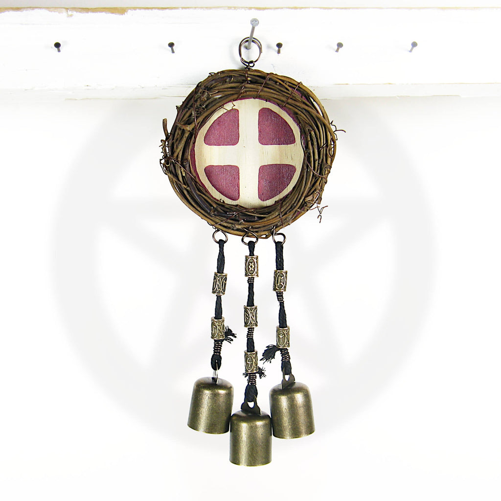 Witch's Bell with Wreath, Solar Cross Symbol and Runes - Handcrafted