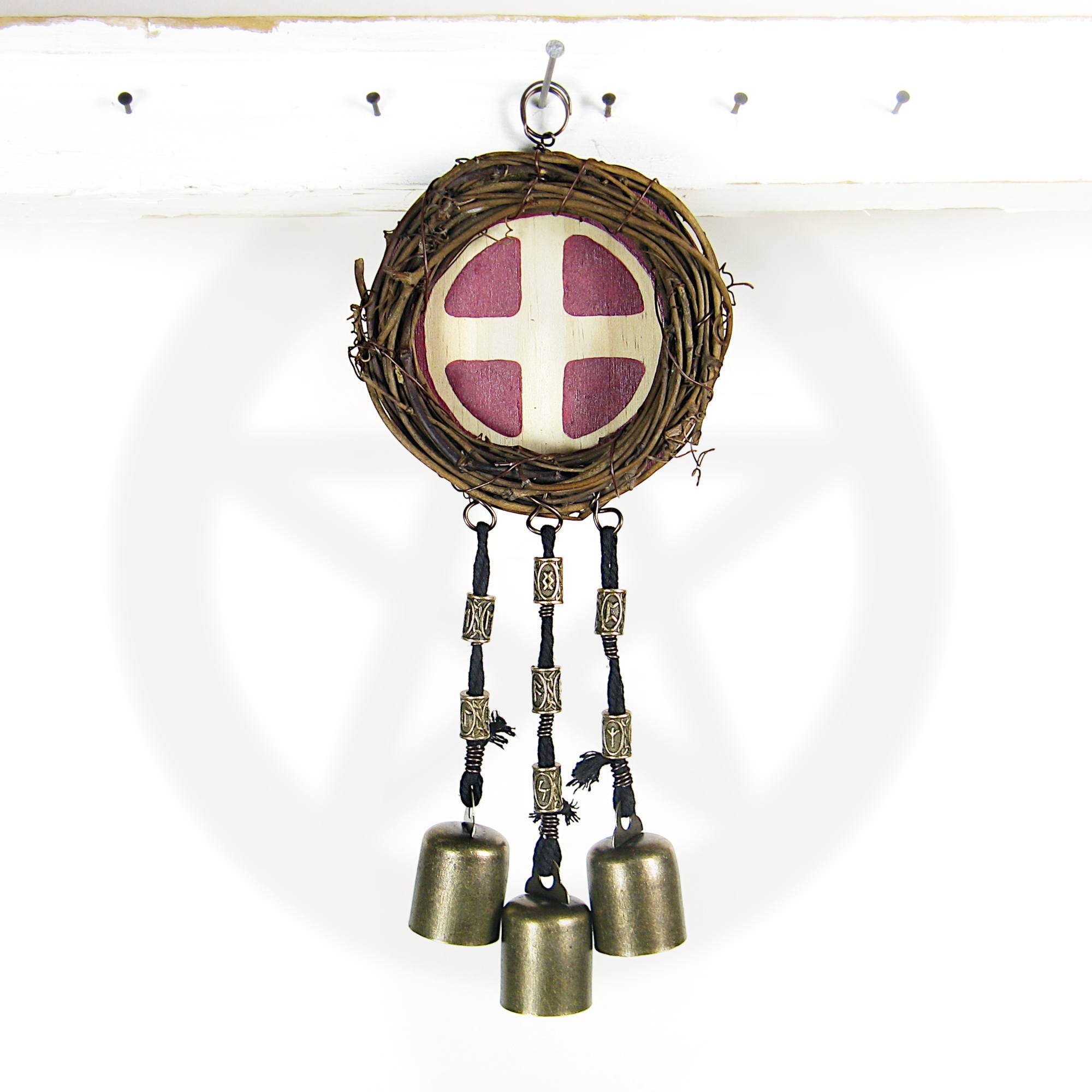 Witch's Bell with Wreath, Solar Cross Symbol and Runes - Handcrafted