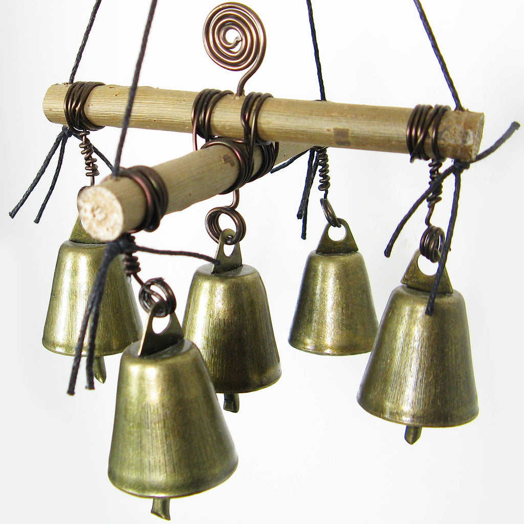 Hanging Witch's Bell with Cross of Twigs, Five Bells, Spiral - Handcrafted