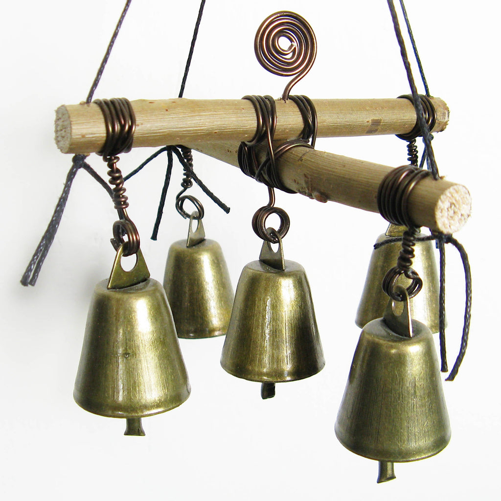 Hanging Witch's Bell with Cross of Twigs, Five Bells, Spiral - Handcrafted