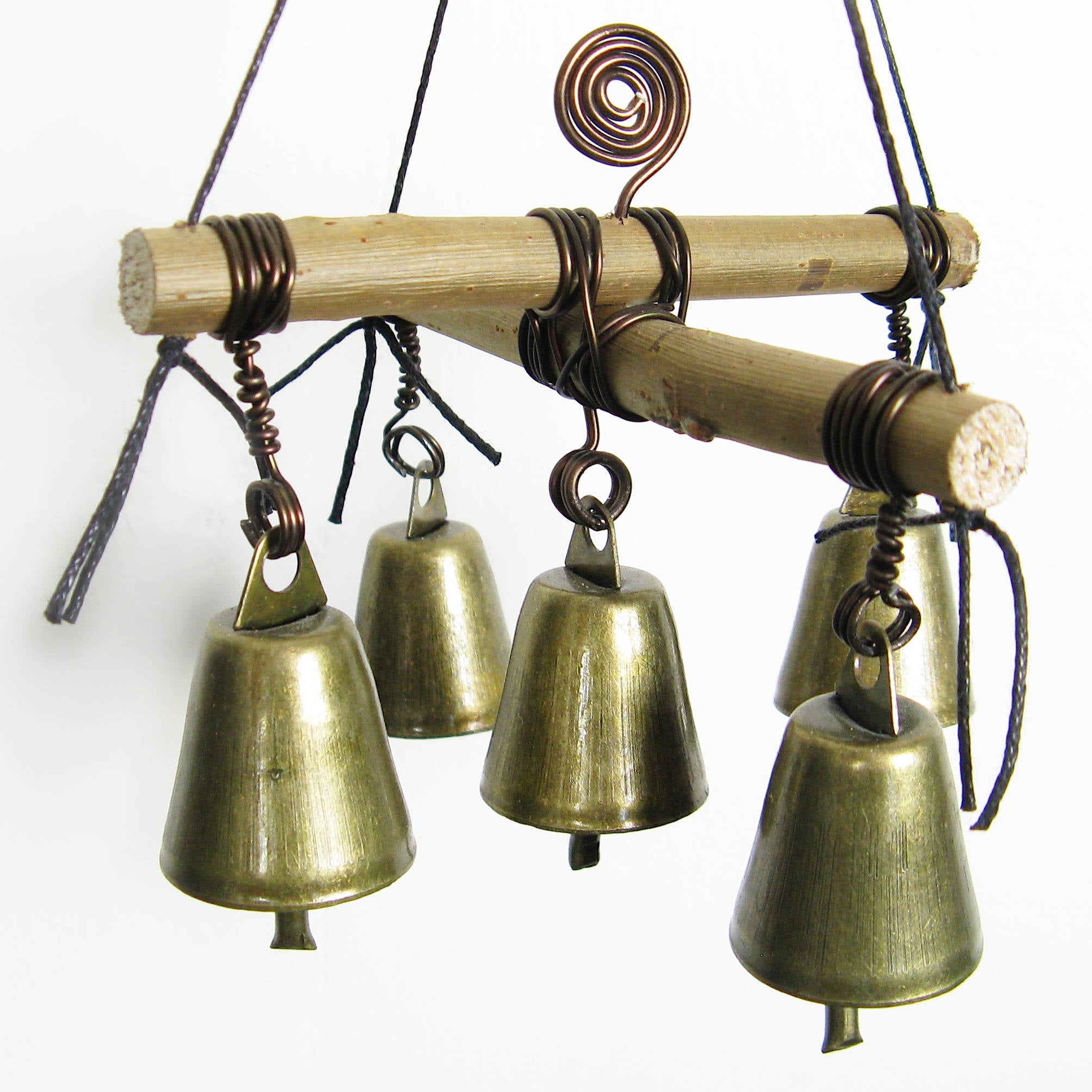 Hanging Witch's Bell with Cross of Twigs, Five Bells, Spiral - Handcrafted