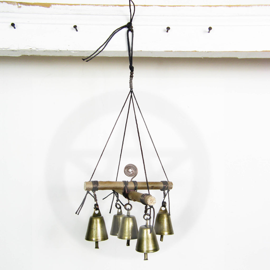 Hanging Witch's Bell with Cross of Twigs, Five Bells, Spiral - Handcrafted
