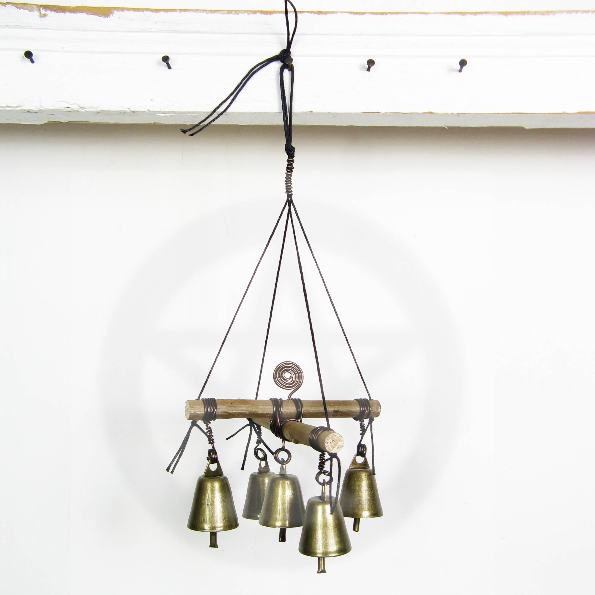 Hanging Witch's Bell with Cross of Twigs, Five Bells, Spiral - Handcrafted