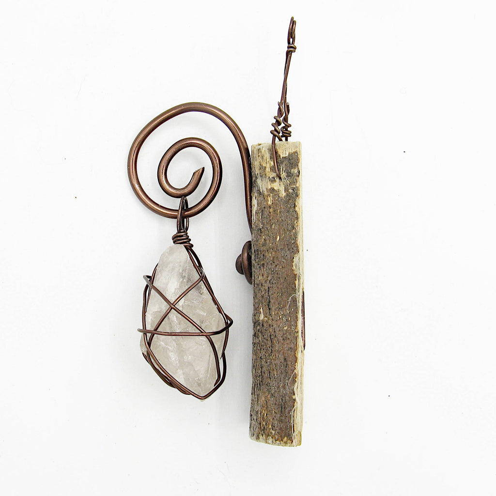 Wall Hanging: Weathered Branch with Wire-Wrapped Raw Quartz - Handcrafted