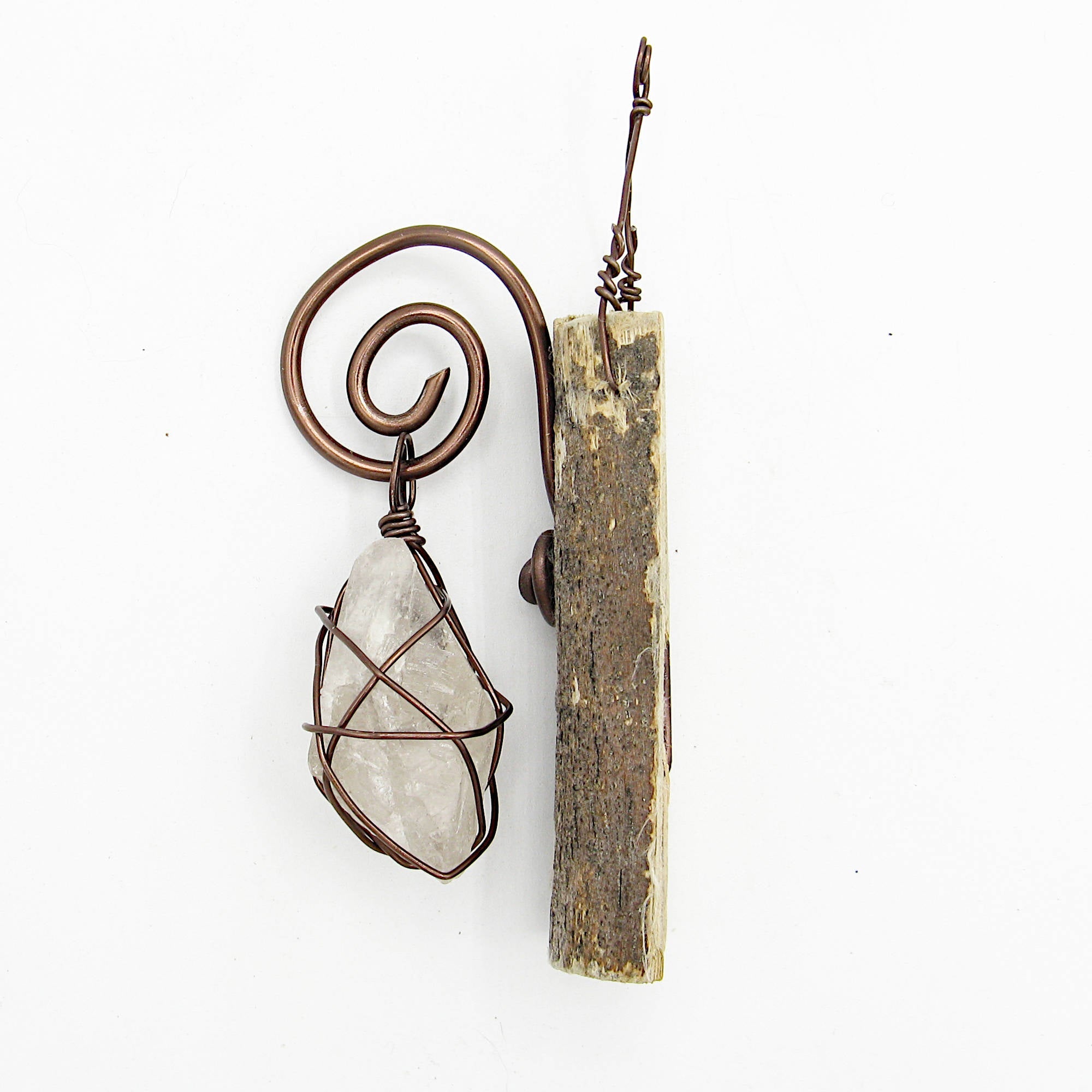 Wall Hanging: Weathered Branch with Wire-Wrapped Raw Quartz - Handcrafted