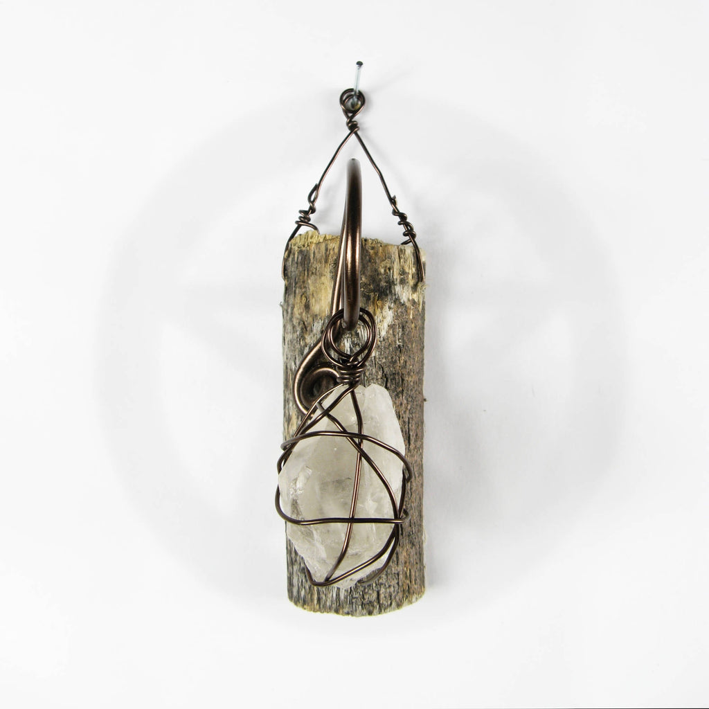Wall Hanging: Weathered Branch with Wire-Wrapped Raw Quartz - Handcrafted