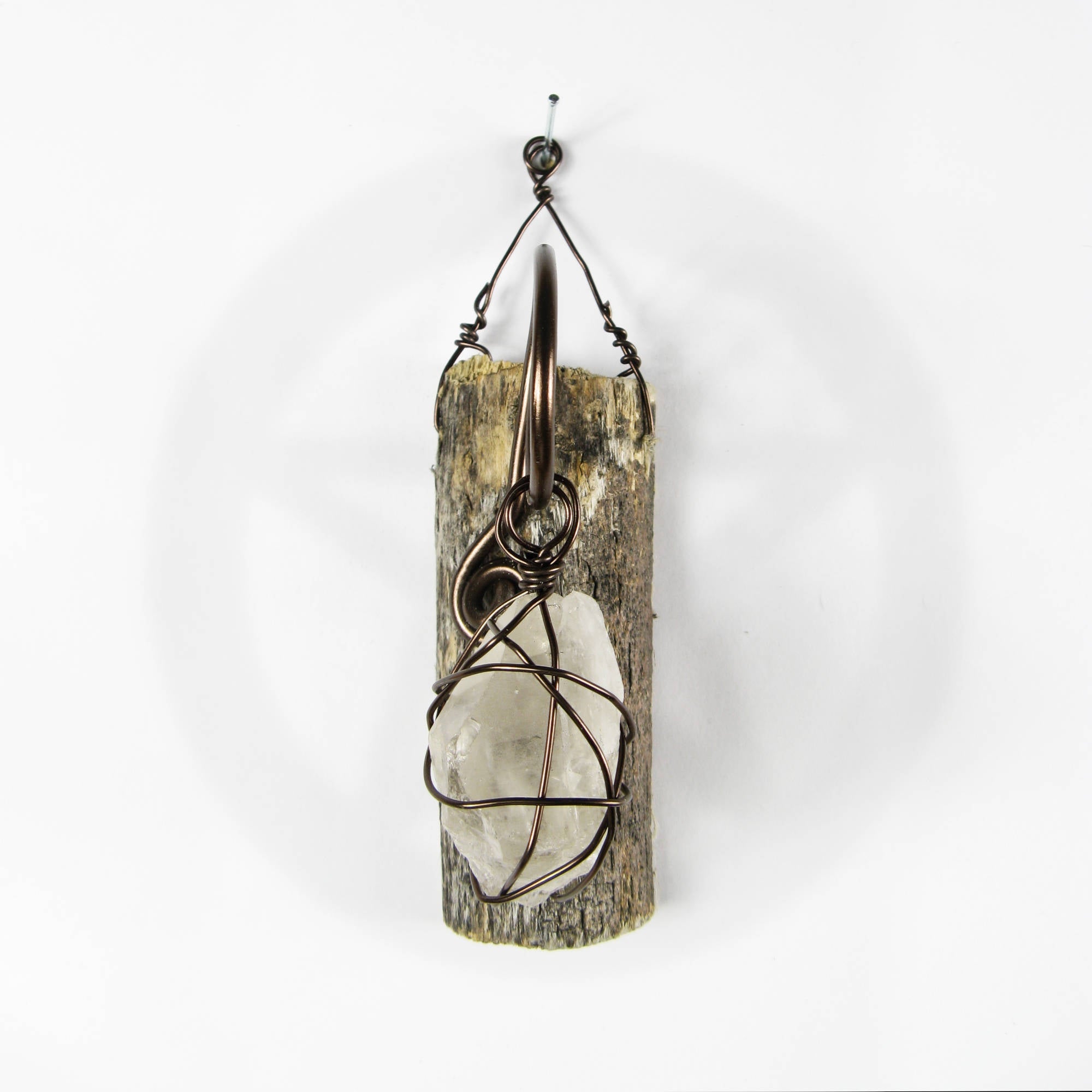 Wall Hanging: Weathered Branch with Wire-Wrapped Raw Quartz - Handcrafted
