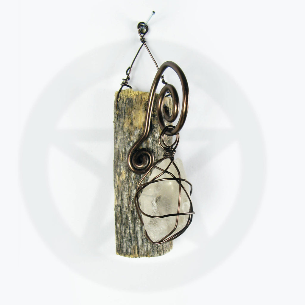 Wall Hanging: Weathered Branch with Wire-Wrapped Raw Quartz - Handcrafted