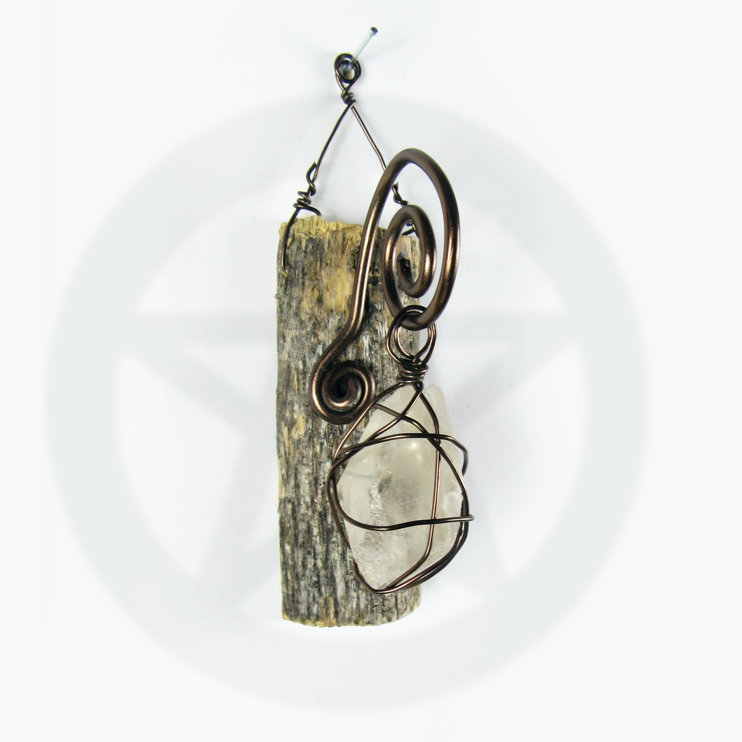 Wall Hanging: Weathered Branch with Wire-Wrapped Raw Quartz - Handcrafted