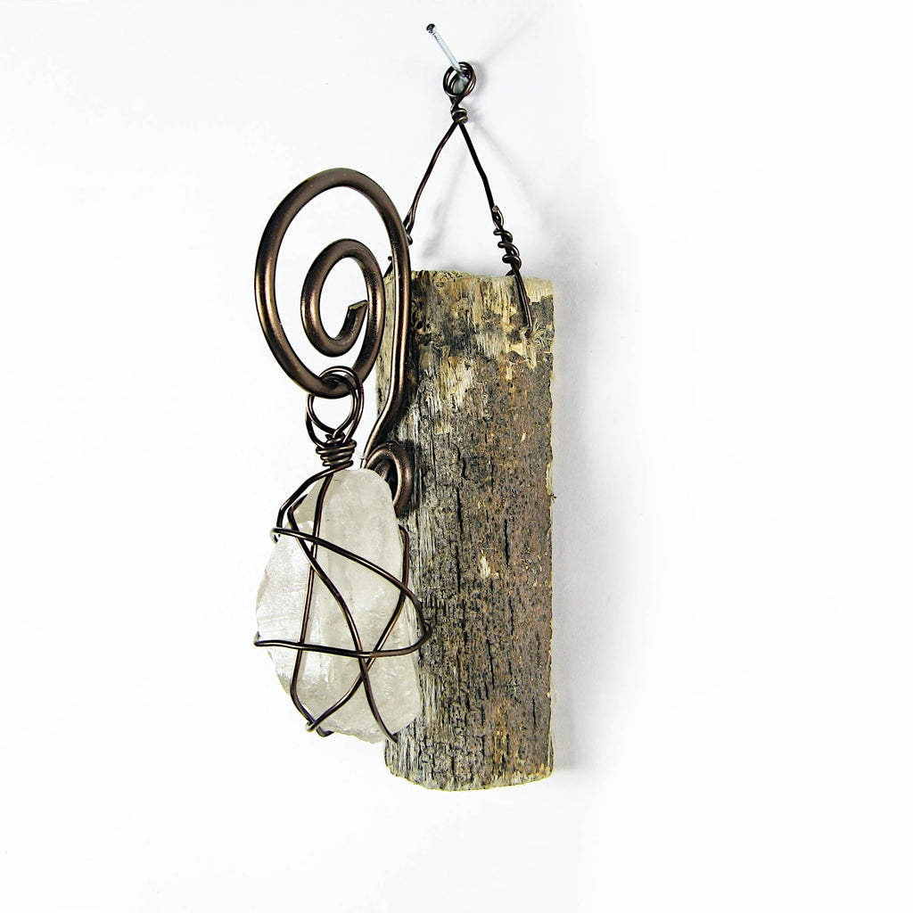 Wall Hanging: Weathered Branch with Wire-Wrapped Raw Quartz - Handcrafted