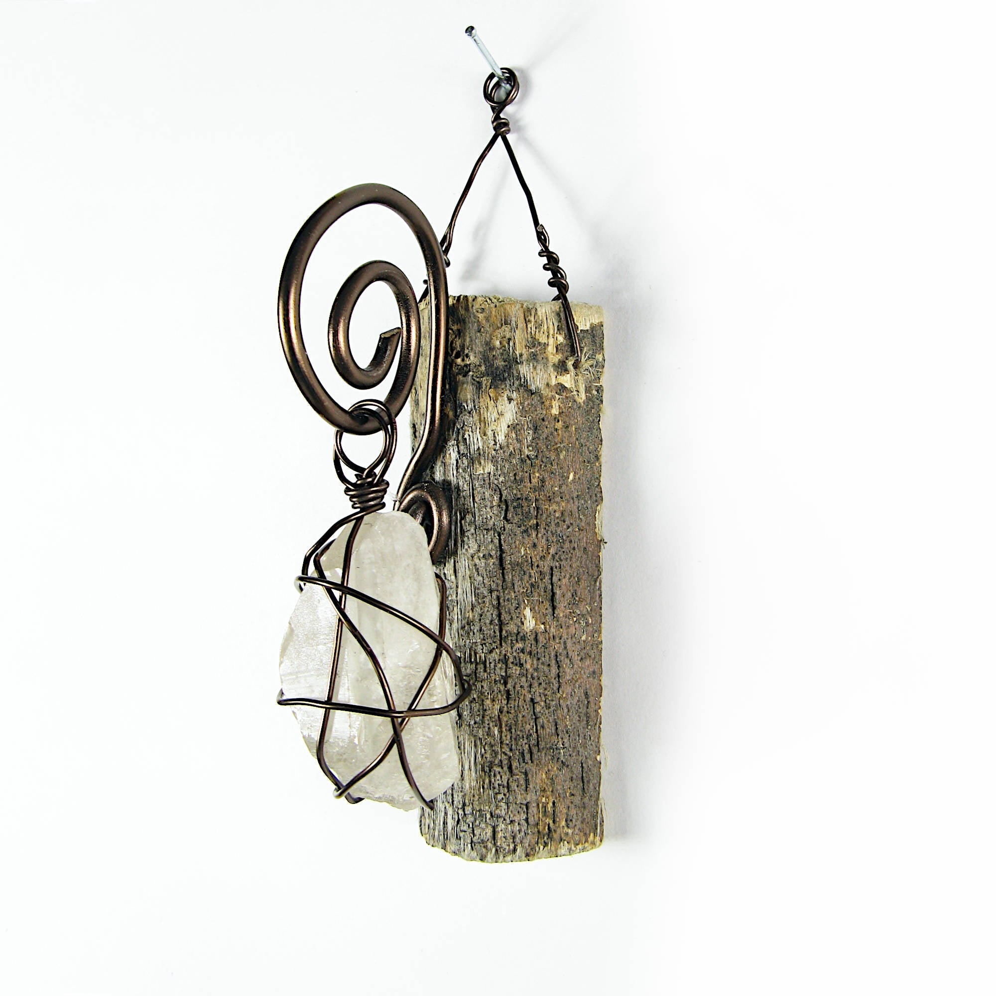Wall Hanging: Weathered Branch with Wire-Wrapped Raw Quartz - Handcrafted