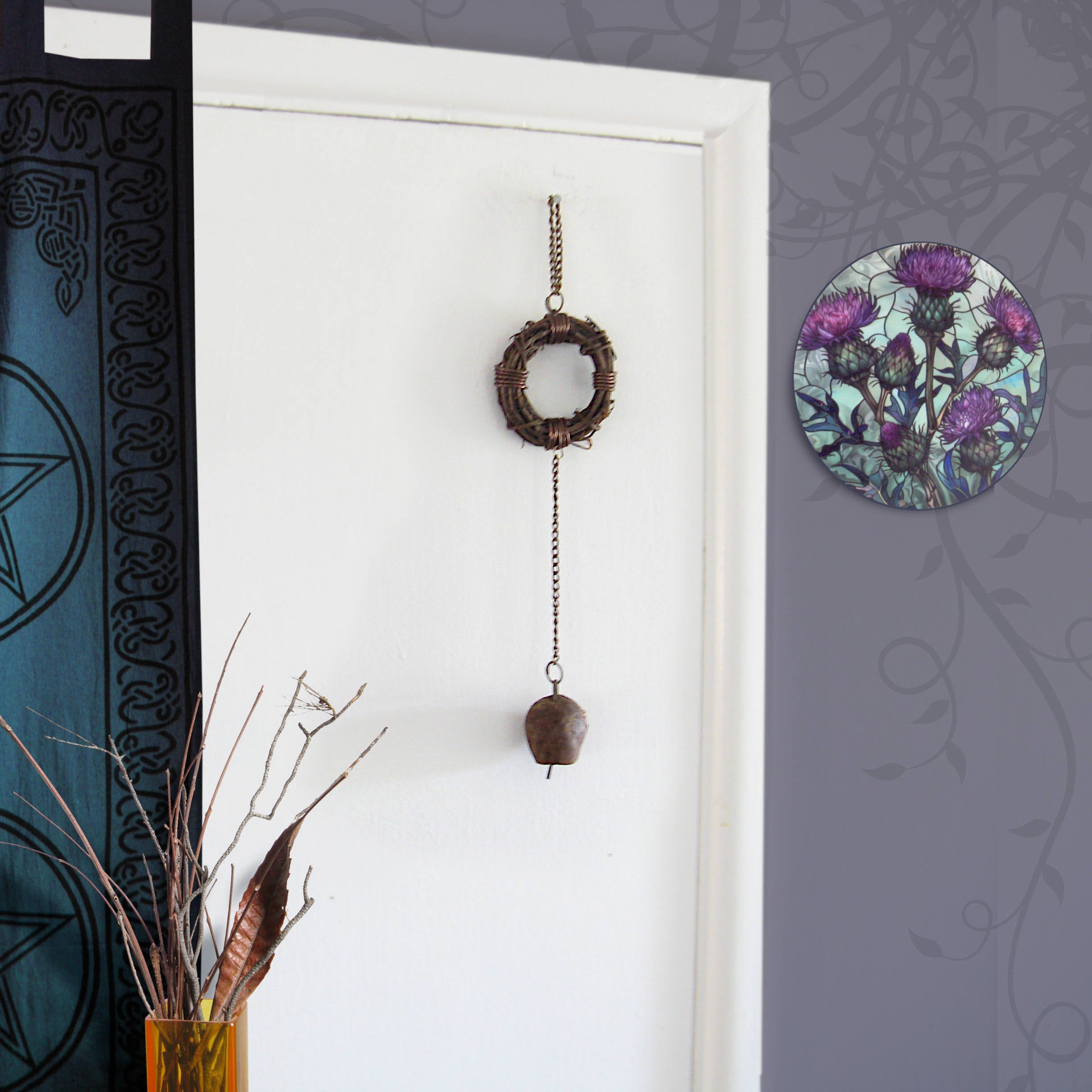 Rusty Witch's Bell and Chain on Wreath - Handcrafted