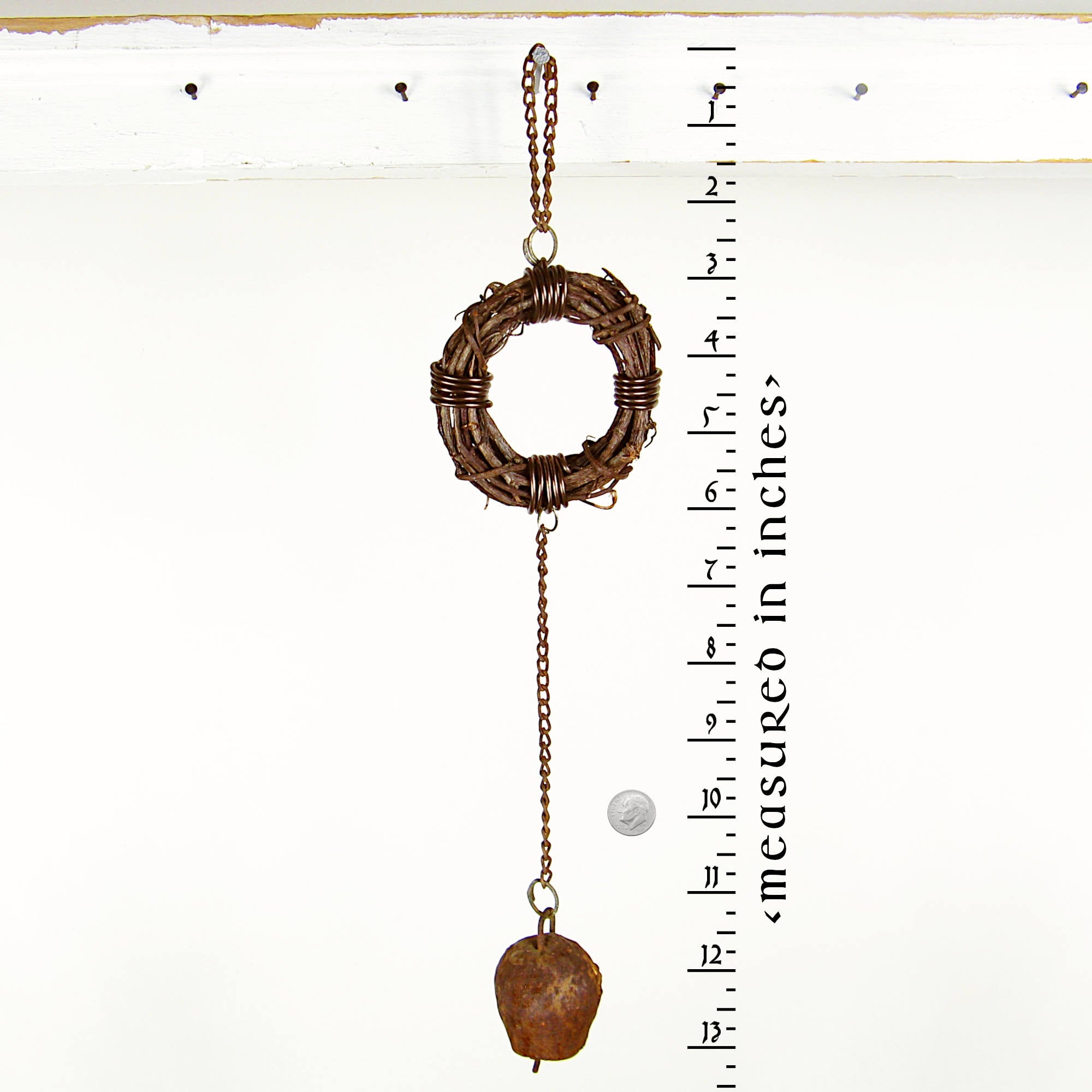 Rusty Witch's Bell and Chain on Wreath - Handcrafted