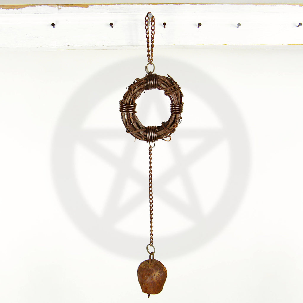 Rusty Witch's Bell and Chain on Wreath - Handcrafted