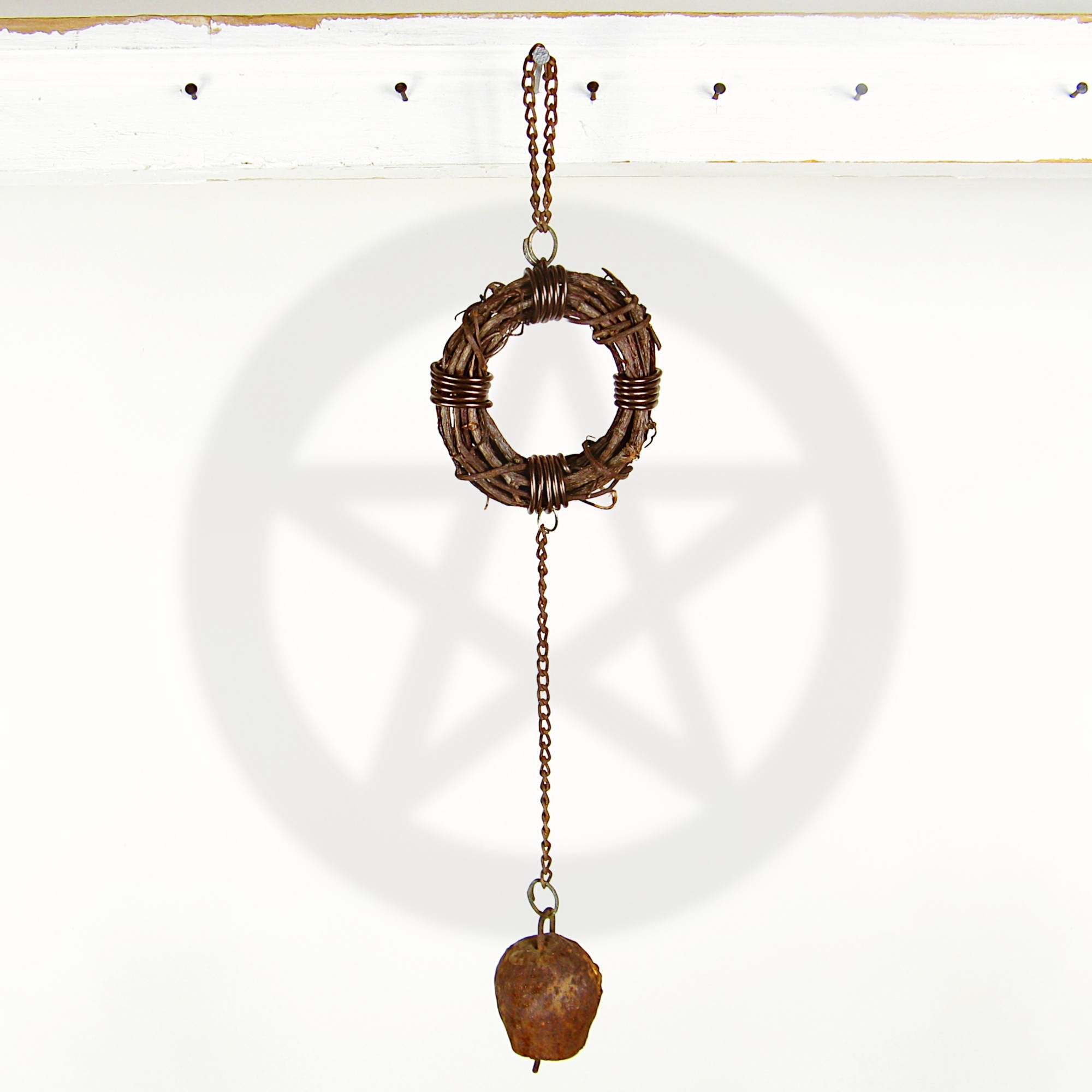 Rusty Witch's Bell and Chain on Wreath - Handcrafted