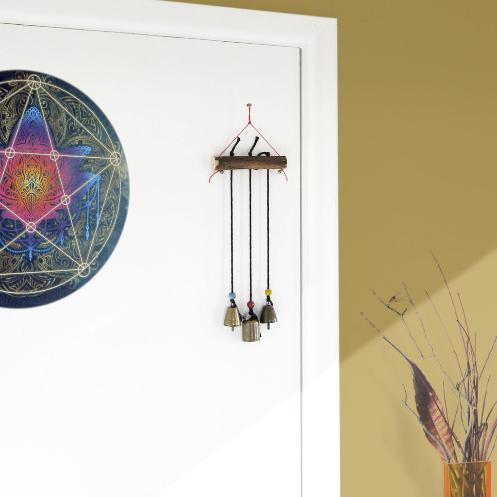 Witch's Bell: Three Bells on Long Black Cords Hanging from Branch - Handcrafted