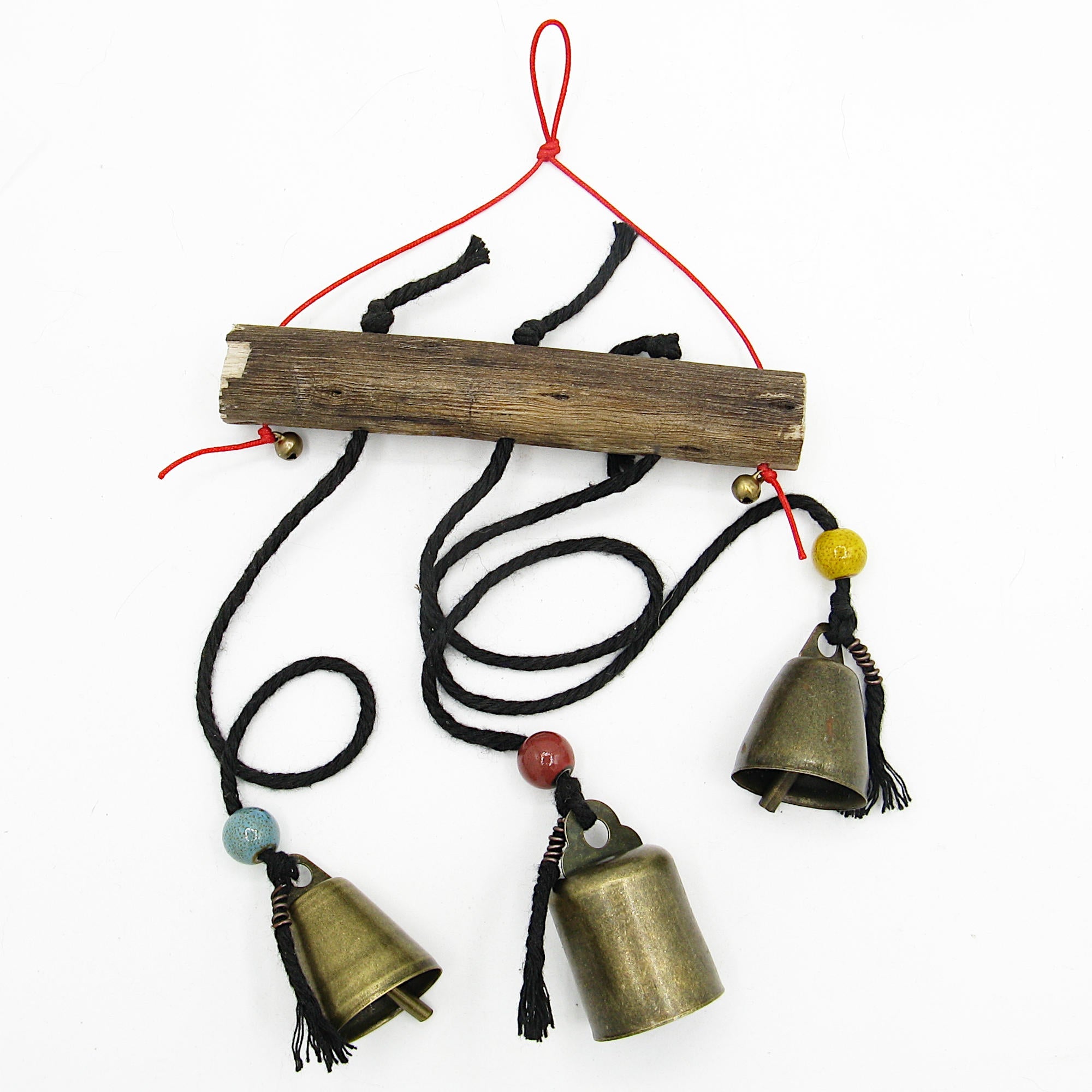 Witch's Bell: Three Bells on Long Black Cords Hanging from Branch - Handcrafted