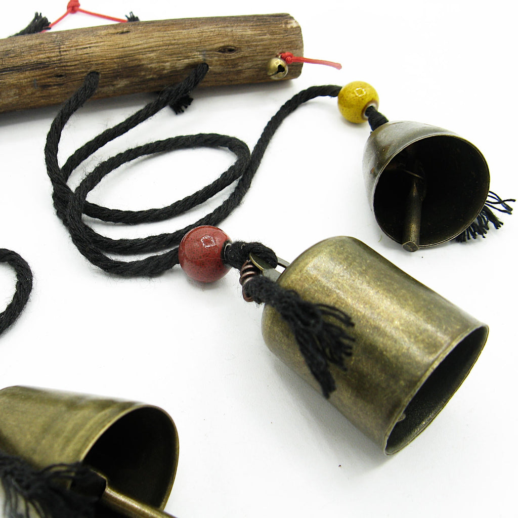 Witch's Bell: Three Bells on Long Black Cords Hanging from Branch - Handcrafted