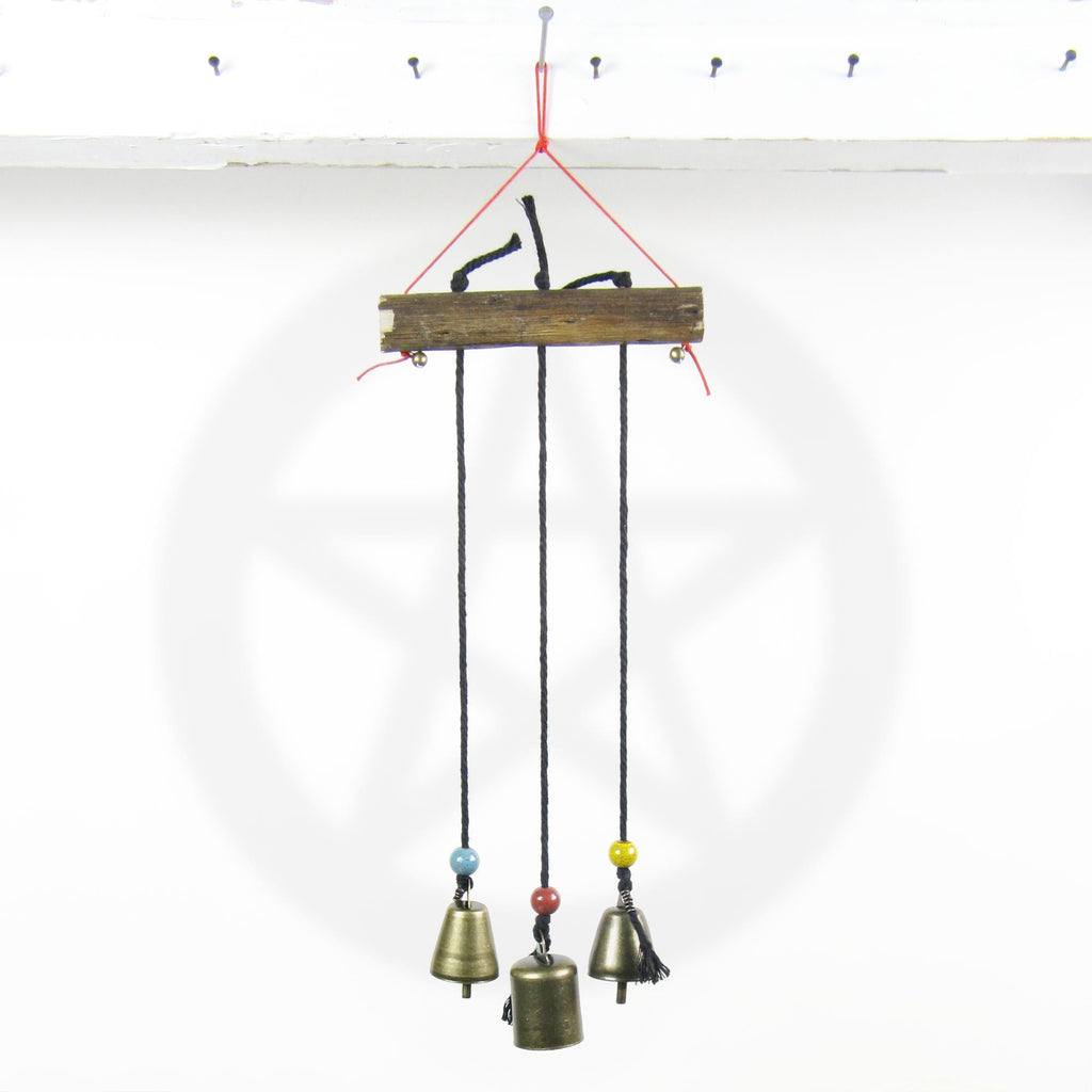 Witch's Bell: Three Bells on Long Black Cords Hanging from Branch - Handcrafted