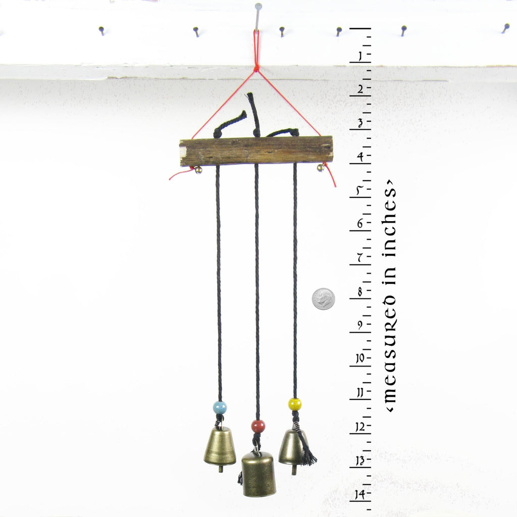 Witch's Bell: Three Bells on Long Black Cords Hanging from Branch - Handcrafted