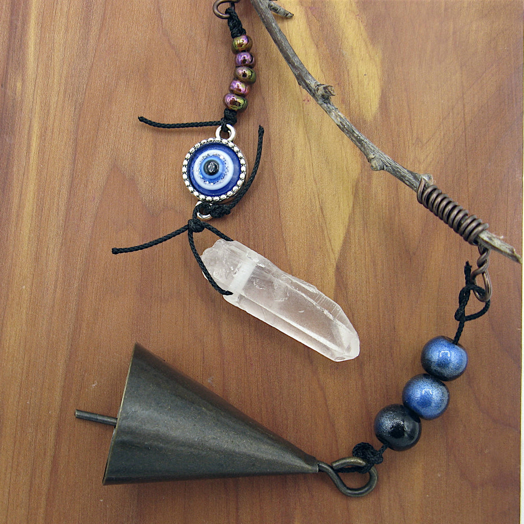 Witch's Bell: Branch, Pentagram, Evil Eye, Quartz, & Kyanite - Handcrafted