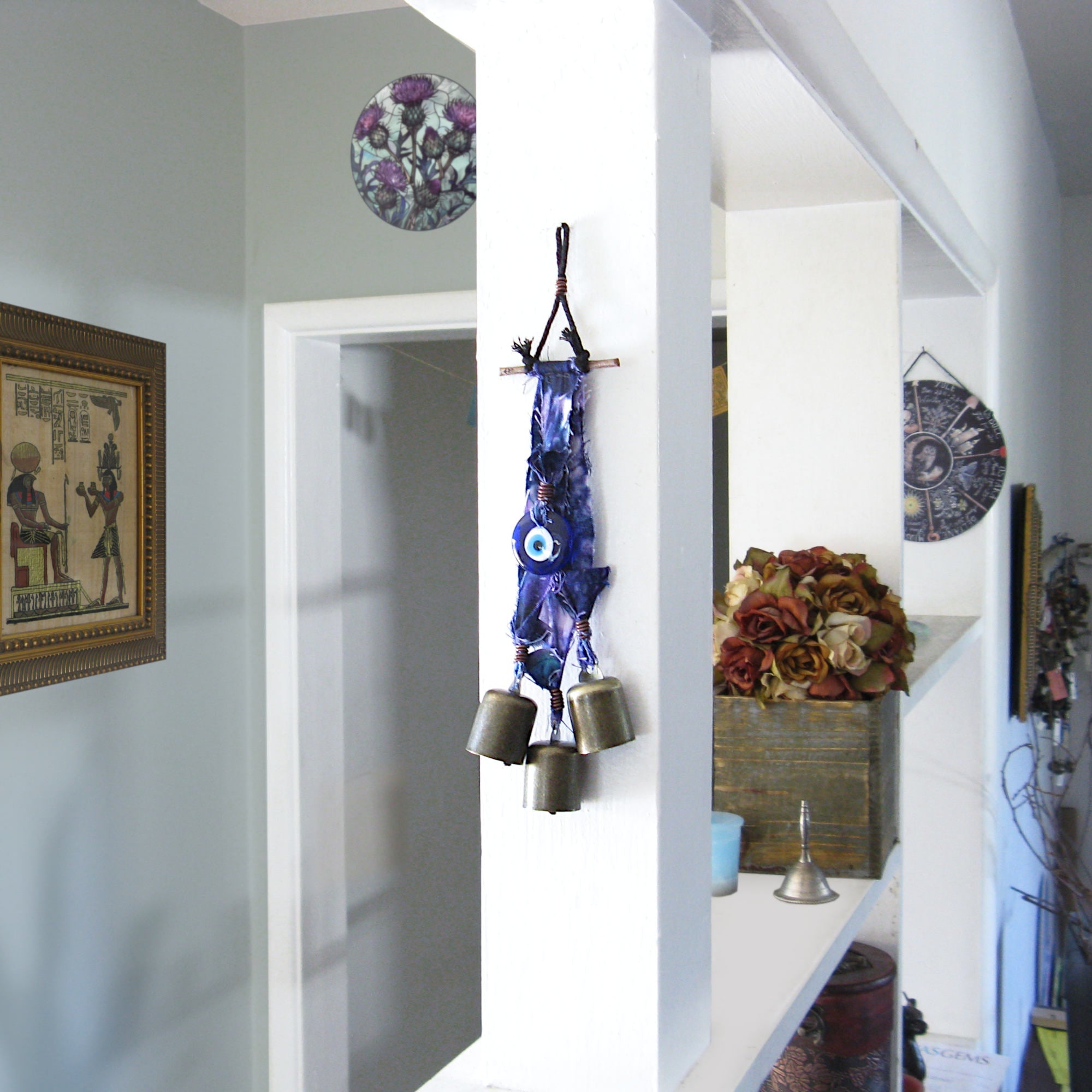 Witch's Bell: Batik Strips, Protective Evil Eye and Twig - Handcrafted